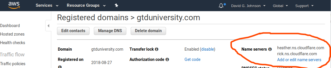 Domain Settings panel in AWS / Route 53 with the Name servers setting circled